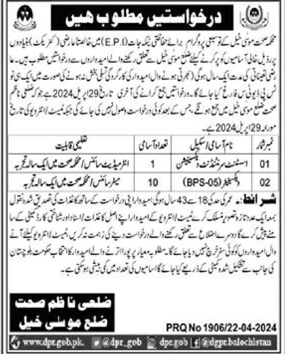 Health Department District Musakhel Jobs 2024 – Health Department Balochsitan Jobs 2024 — original advertisement