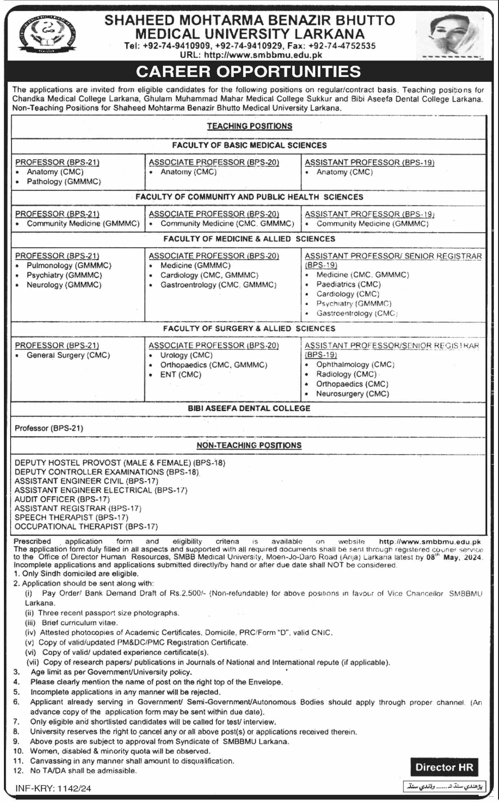 Shaheed Mohtarma Benazir Bhutto Medical University Jobs 2024 – Shaheed Mohtarma Benazir Bhutto Medical University Larkana Jobs 2024 — original advertisement