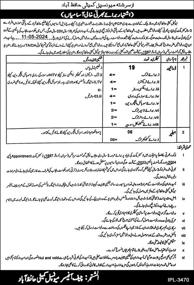 Municipal Committee Hafizabad Punjab Jobs 2024 – Muncipal Commette Jobs 2024 — original advertisement