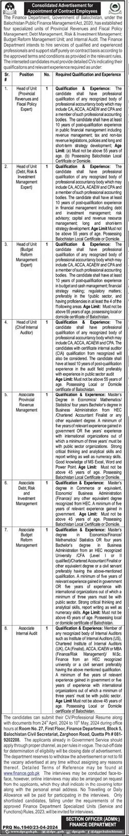 Finance Department Balochistan Jobs 2024   Jobs 2024 — original advertisement