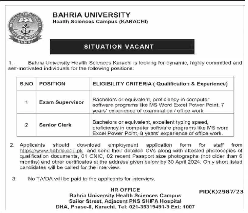 Bahria University Karachi Jobs 2024 Jobs 2024 — original advertisement