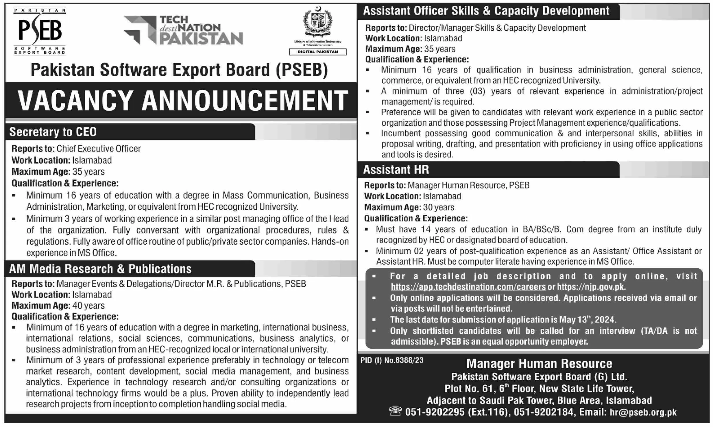 Pakistan Software Export Board PSEB Islamabad Jobs 2024 Jobs 2024 — original advertisement