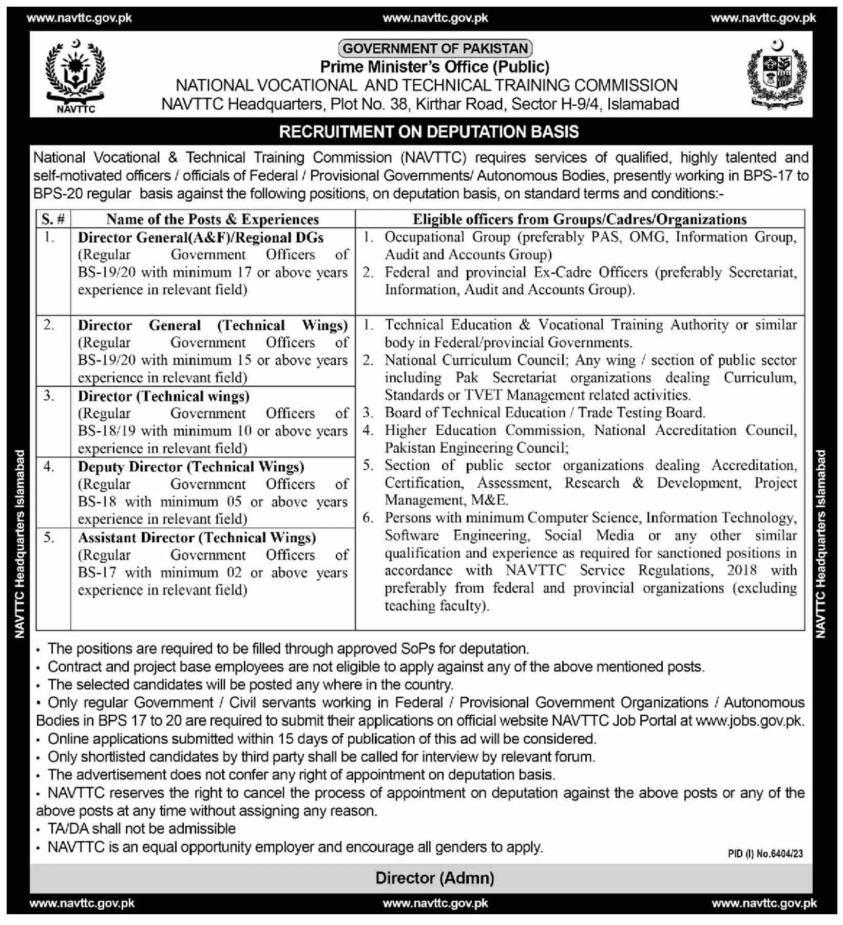 National Vocational & Technical Training Commission Jobs – National Vocational and Technical Training Commission NAVTTC Islamabad Jobs 2024 — original advertisement