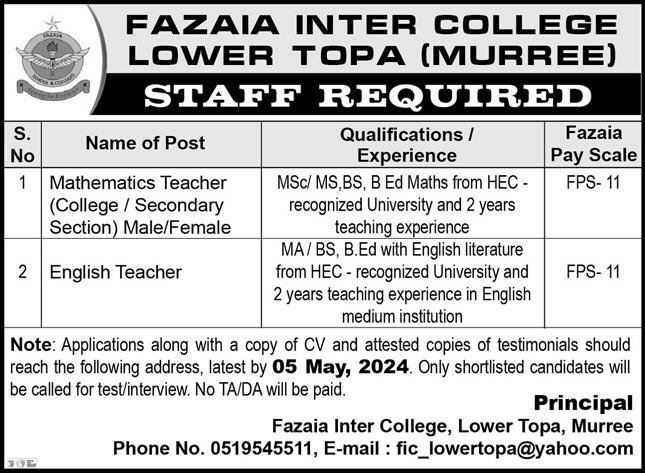 Fazaia Inter College Murree Jobs 2024 – Fazaia Schools & Colleges Jobs 2024 — original advertisement