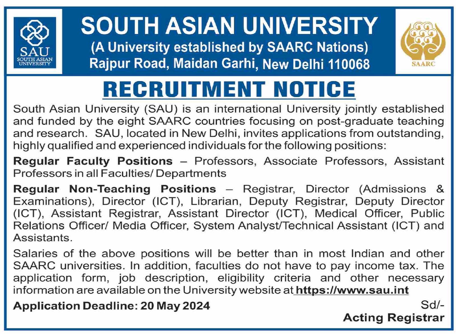 South Asian University SAU Jobs 2024 Jobs 2024 — original advertisement
