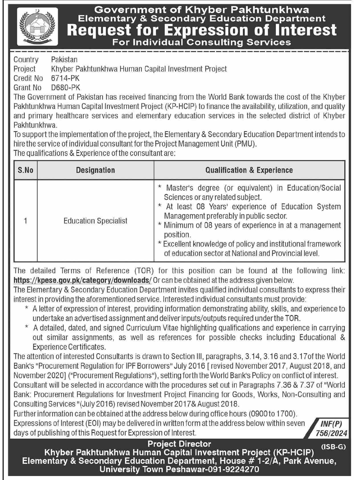 Elementary and Secondary Education Department ESED Jobs 2024 – Elementary & Secondary Education Department KPK Jobs 2024 — original advertisement