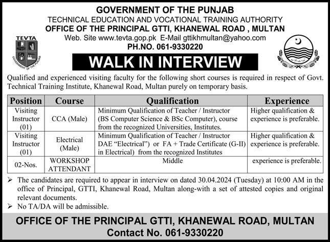 Technical Education & Vocational Training Authority Jobs – Technical Education & Vocational Training Authority TEVTA Punjab Jobs 2024 — original advertisement