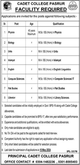 Cadet College Pasrur Punjab Jobs 2024 Jobs 2024 — original advertisement