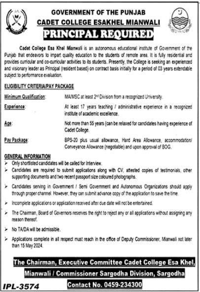 Cadet College Esakhel Mianwali Jobs 2024 – Cadet College Esa Khel Mianwali Jobs 2024 — original advertisement