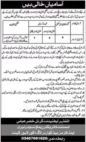 Remount Veterinary And Farms Lahore Jobs 2024 – Pakistan Army Jobs 2024 — original advertisement