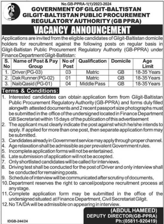 Public Procurement Regulatory Authority Gilgit Jobs 2024 – Public Procurement Regulatory Authority PPRA Jobs 2024 — original advertisement