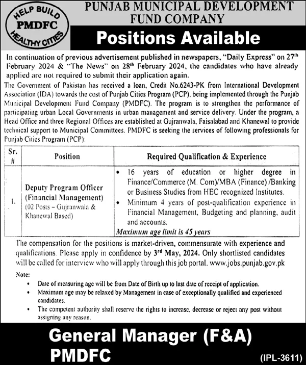 Punjab Municipal Development Fund Company PMDFC Lahore Jobs Jobs 2024 — original advertisement