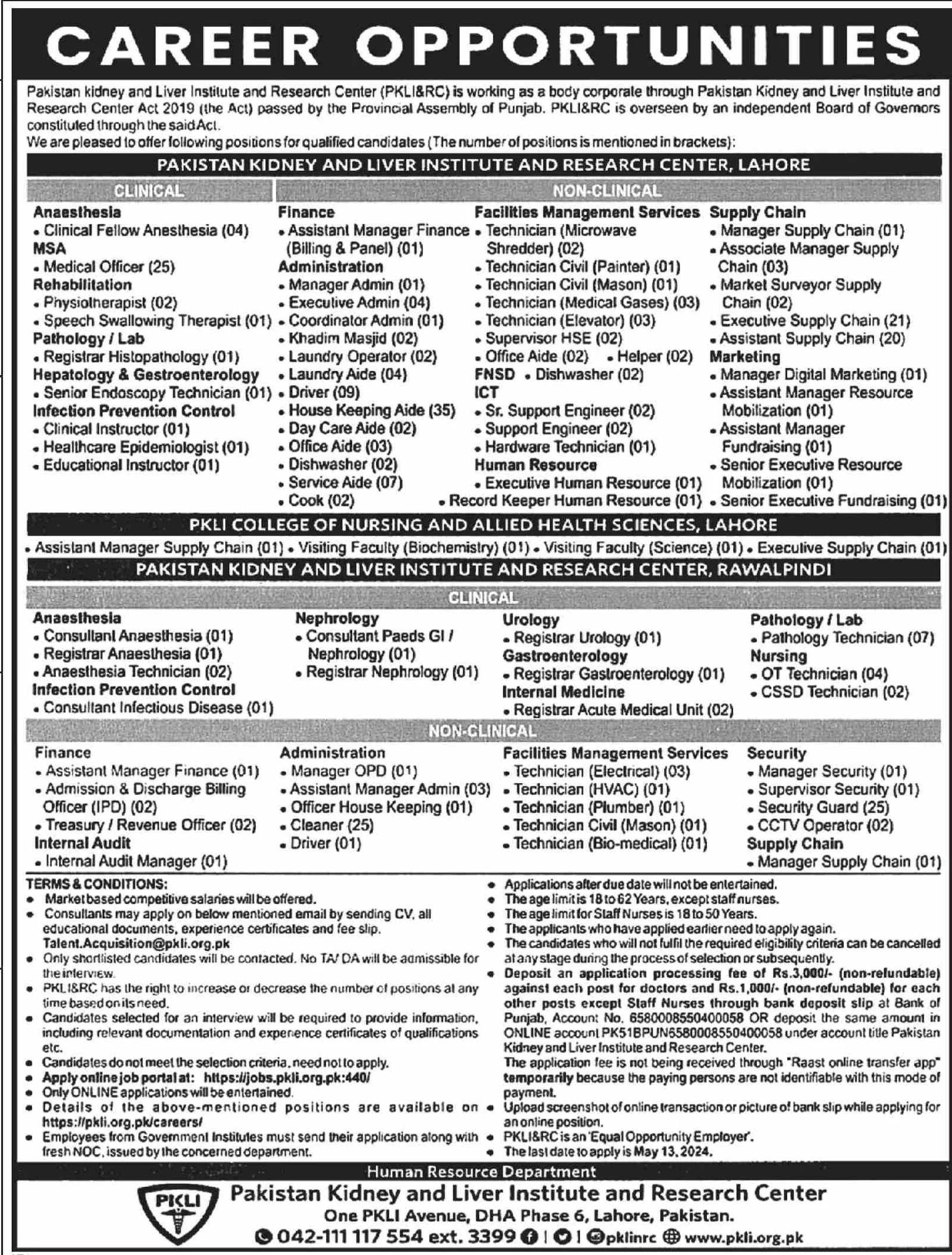 Pakistan Kidney And Liver Institute And Research Centre Jobs – Pakistan Kidney And Liver Institute (PKLI) And Research Centre Lahore Admissions 2024 — original advertisement