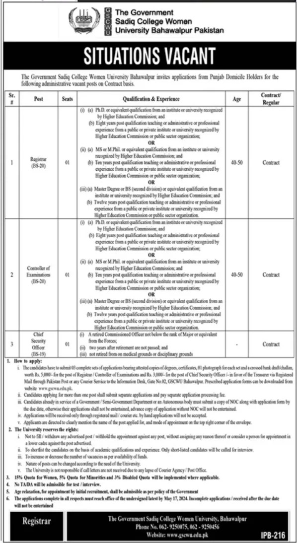 Government Sadiq College Women Universty Jobs 2024 –  The Government Sadiq College Women University Bahawalpur Jobs 2024 — original advertisement