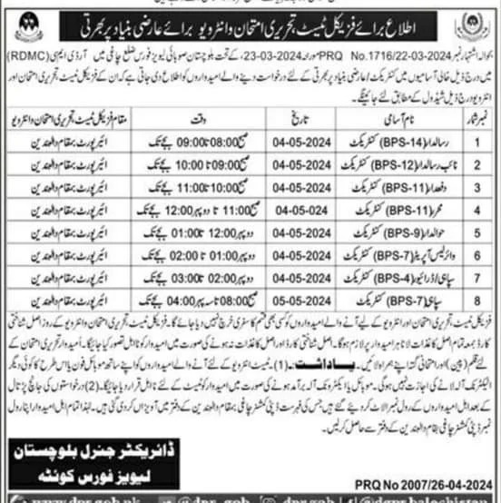 Physical test & written test Interview in Levies Force 2024 – Balochistan Levies Force Jobs 2024 — original advertisement