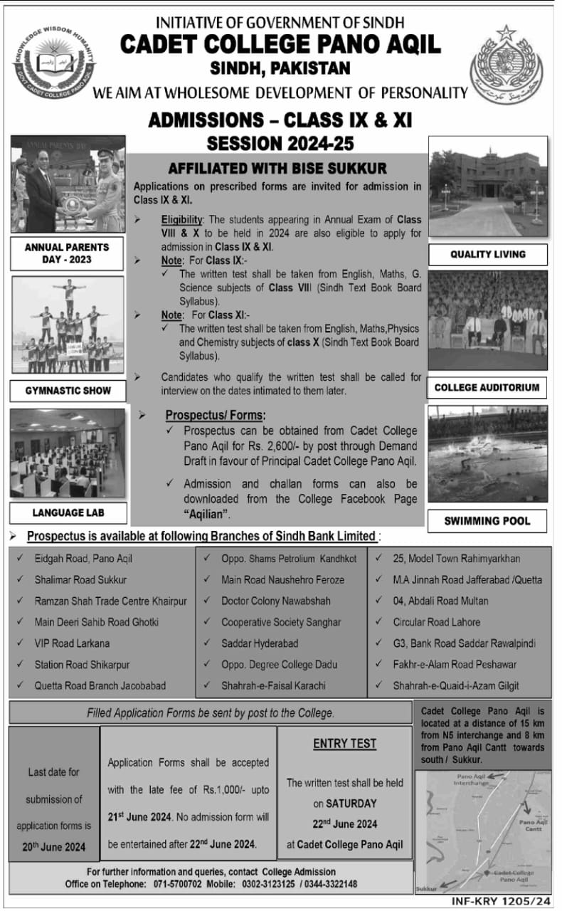 Admisssion Open in Cadet College Pano Aqil Sindh Admissions 2024 — original advertisement