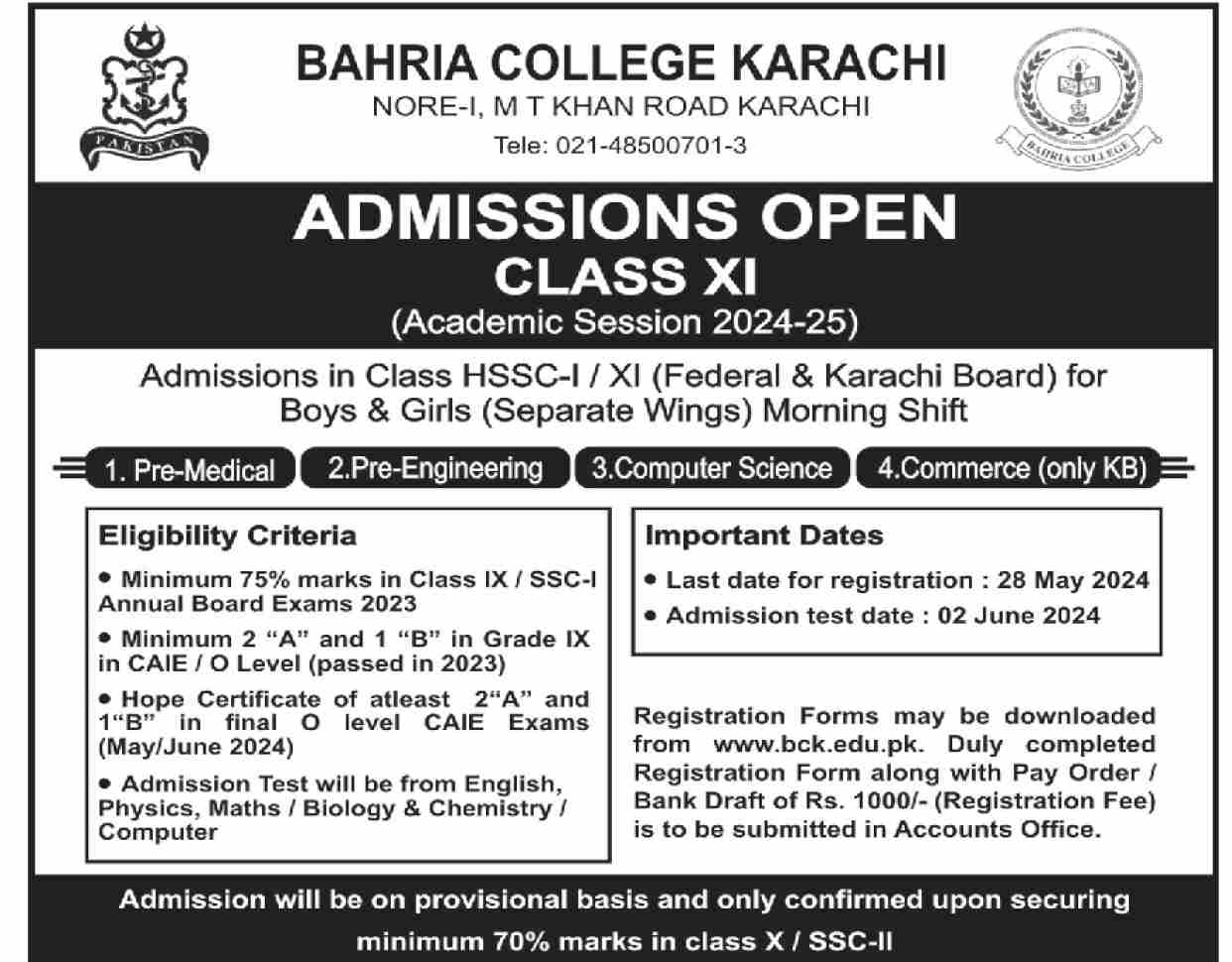 Admissions Open in Bahria College Karachi 2024 – Bahria college karsaz Admissions 2024 — original advertisement