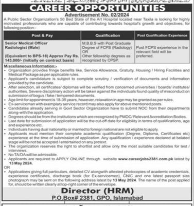 Public Sector Hospital Taxila Jobs 2024 – Public Sector Organization Jobs 2024 — original advertisement