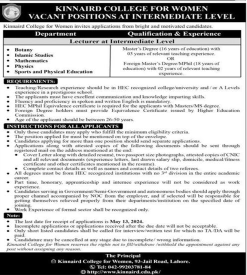 Kinnaird College For Women Jobs 2024 – Punjab Kinnaird College for Women Lahore Jobs 2024 — original advertisement