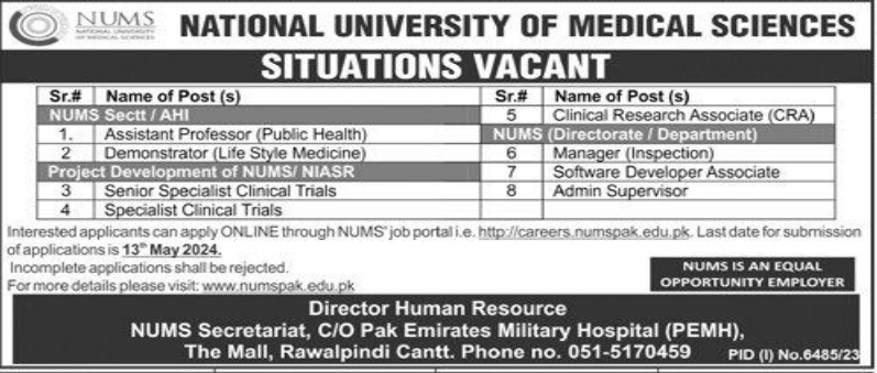 National University Of Medical Sciences NUMS Jobs 2024 – National University of Medical Science NUMS Jobs 2024 — original advertisement
