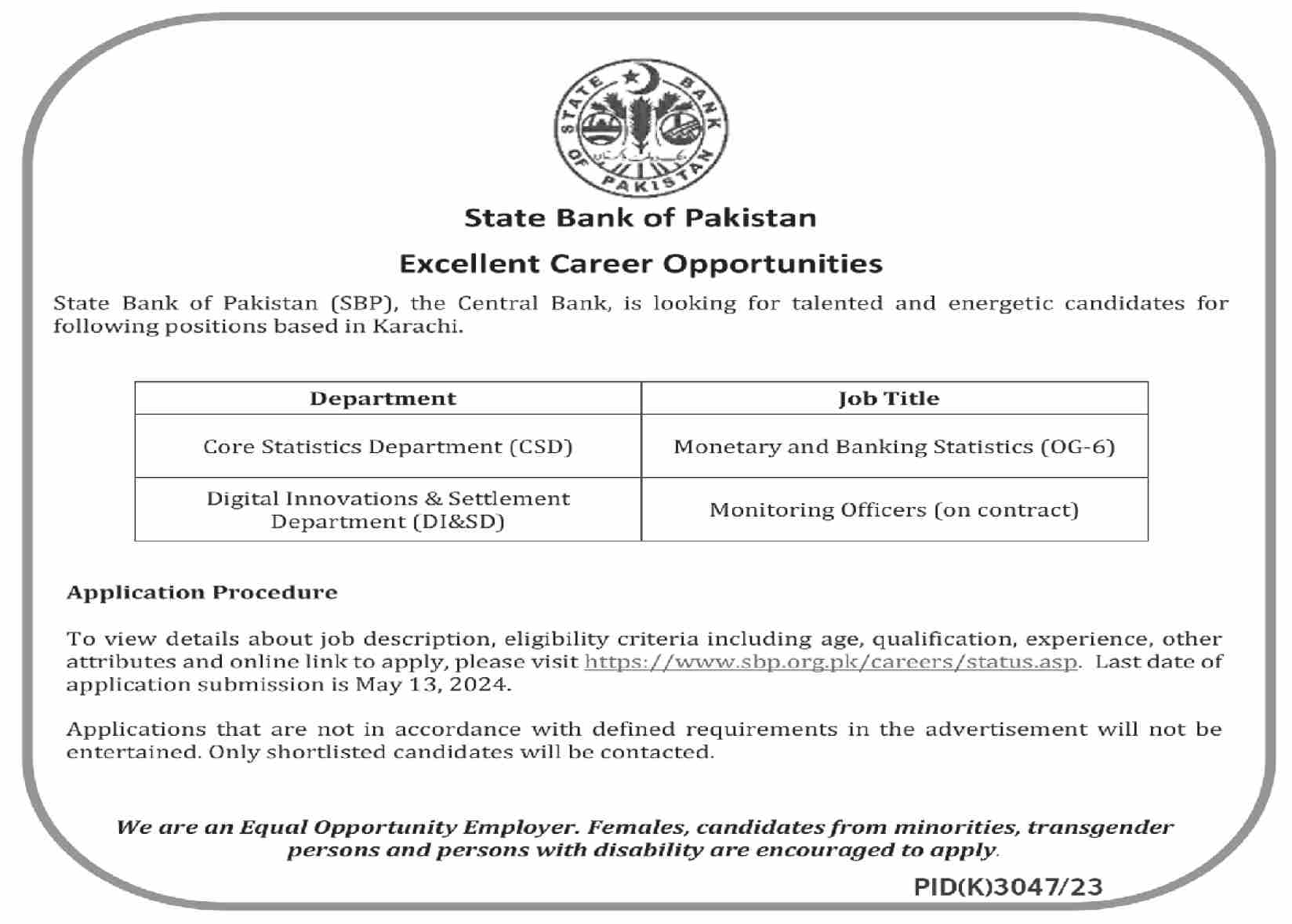 State Bank Of Pakistan SBP Jobs 2024 Jobs 2024 — original advertisement