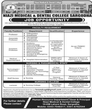 Niazi Medical And Dental College Sargodha Punjab Jobs 2024 Jobs 2024 — original advertisement