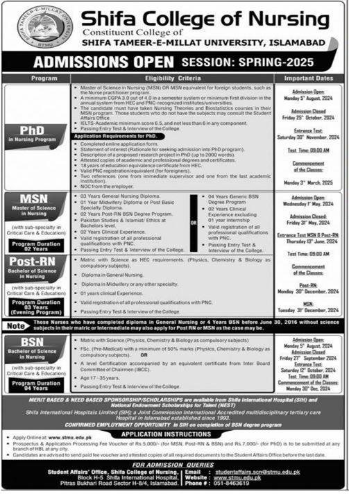 Admission Open in Shifa Tameer e Millat Univerisity Islamaba – Shifa Tameer-e-Millat University Islamabad Admissions 2024 — original advertisement