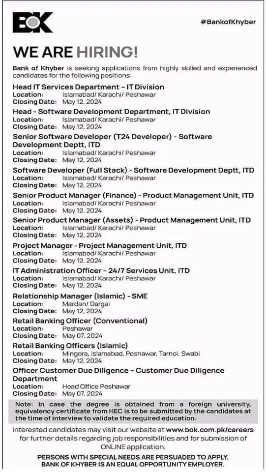 The Bank of Khyber BOK Karachi Jobs 2024 Jobs 2024 — original advertisement