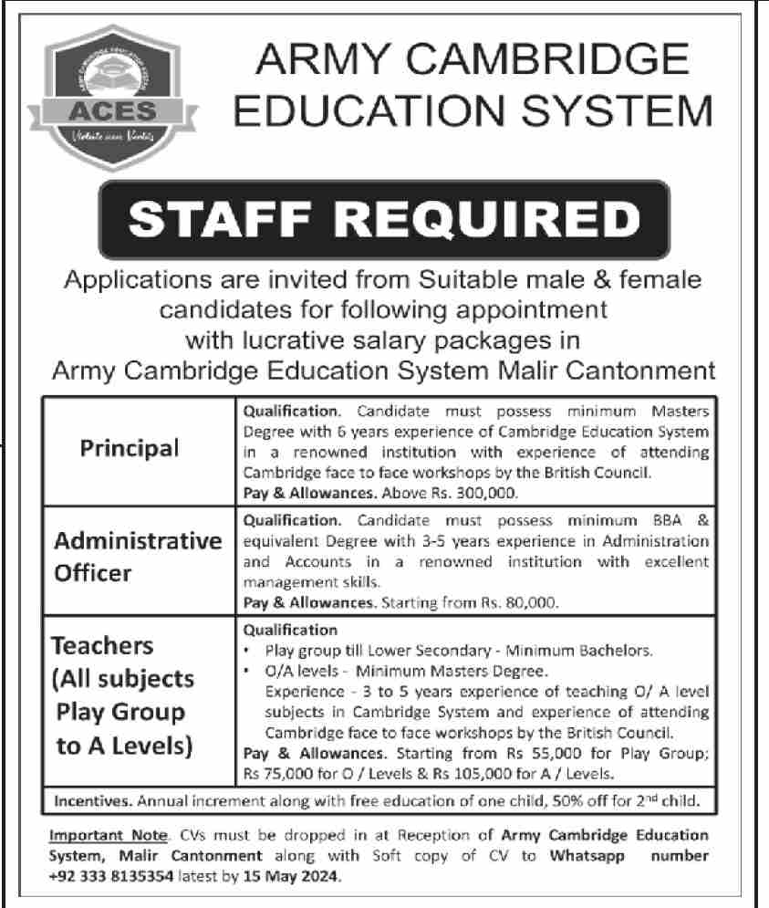 Amy Cambridge Education System ACES Karachi Jobs 2024 – Pakistan Army Jobs 2024 — original advertisement