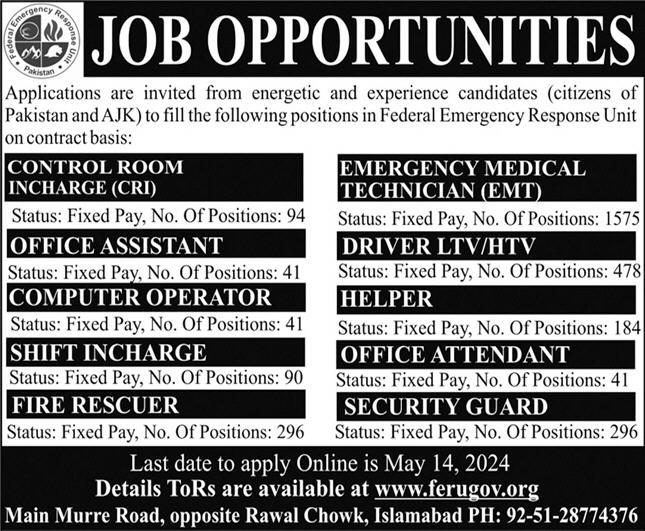 Federal Emergency Response Unit FERU Islamabad Jobs 2024 – Federal Government Organization Jobs 2024 — original advertisement