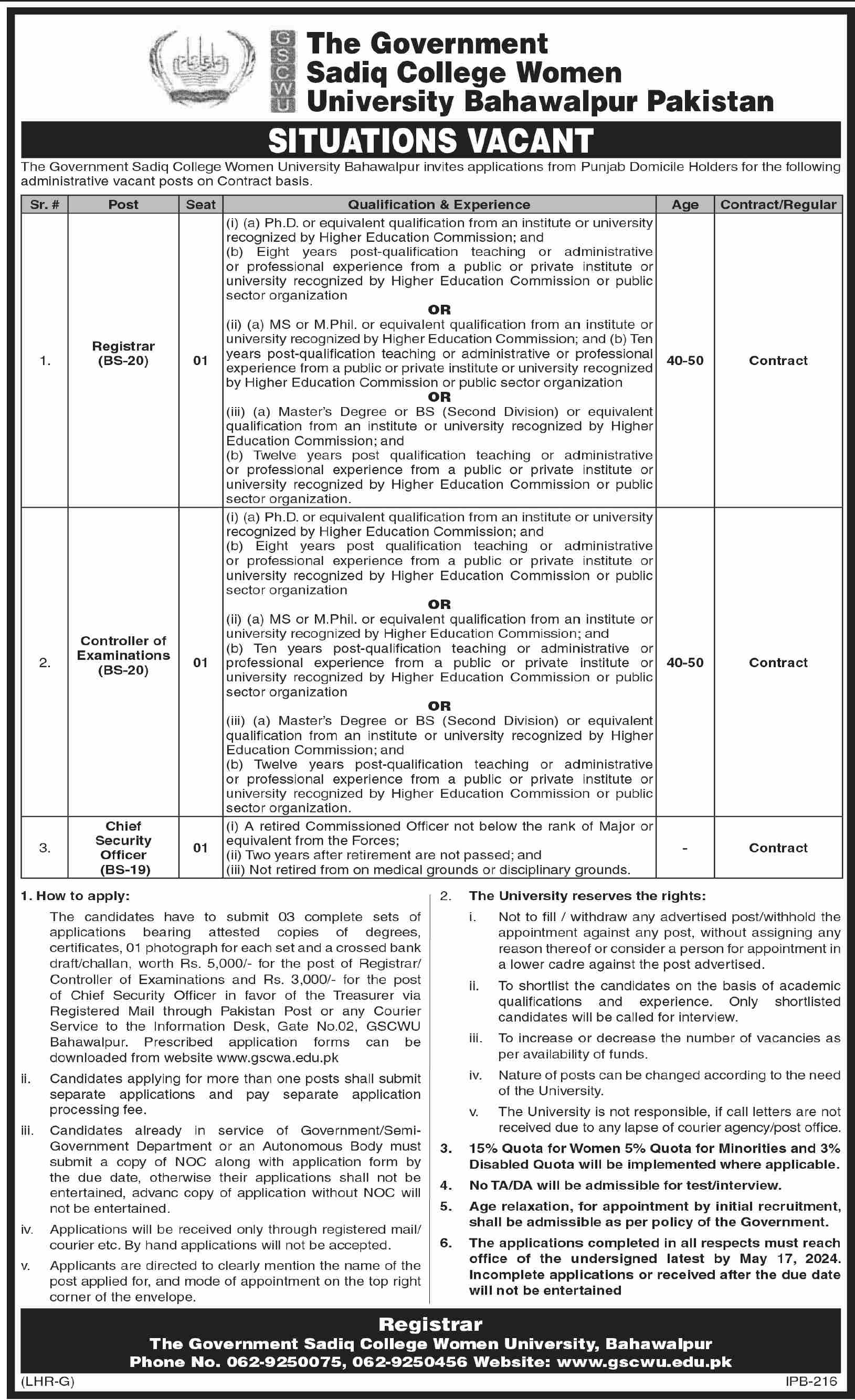 The Govt Sadiq College Women University Bahawalpur Jobs 2024 –  The Government Sadiq College Women University Bahawalpur Jobs 2024 — original advertisement