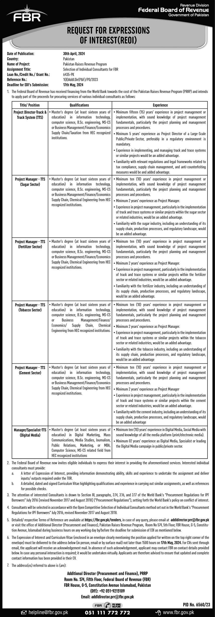 Federal Board Of Revenue FBR Islamabad Jobs 2024 Jobs 2024 — original advertisement
