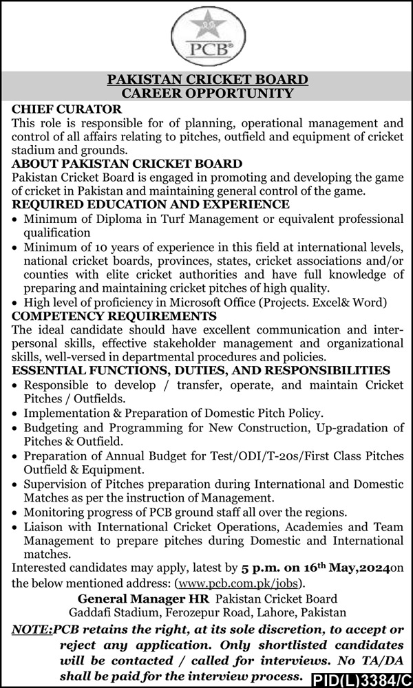 Pakistan Cricket Board PCB Lahore Jobs 2024 – Pakistan Cricket Board (PCB) Jobs 2024 — original advertisement