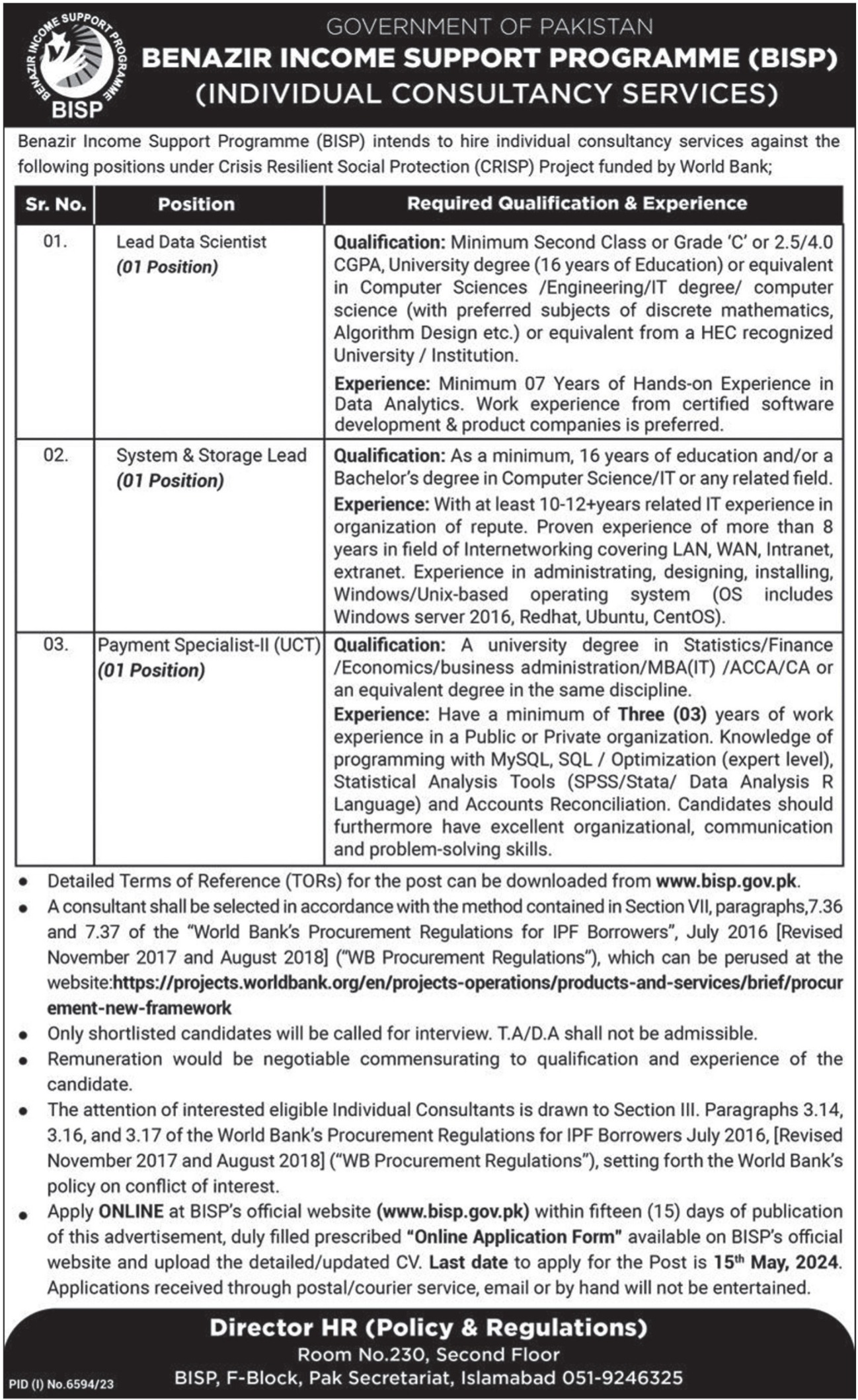 Benazir Income Support Programme BISP Islamabad Jobs 2024 Jobs 2024 — original advertisement