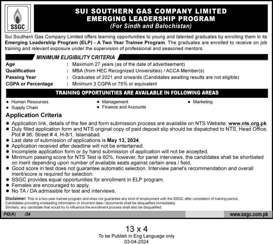 SSGC Emerging Leadership Program 2024 – Sui Southern Gas Company Limited Jobs 2024 — original advertisement