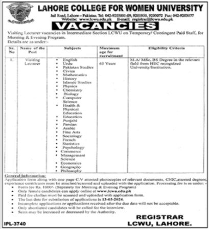 Lahore College For Women University LCWU Jobs 2024 – Lahore College for Women University Lahore Jobs 2024 — original advertisement