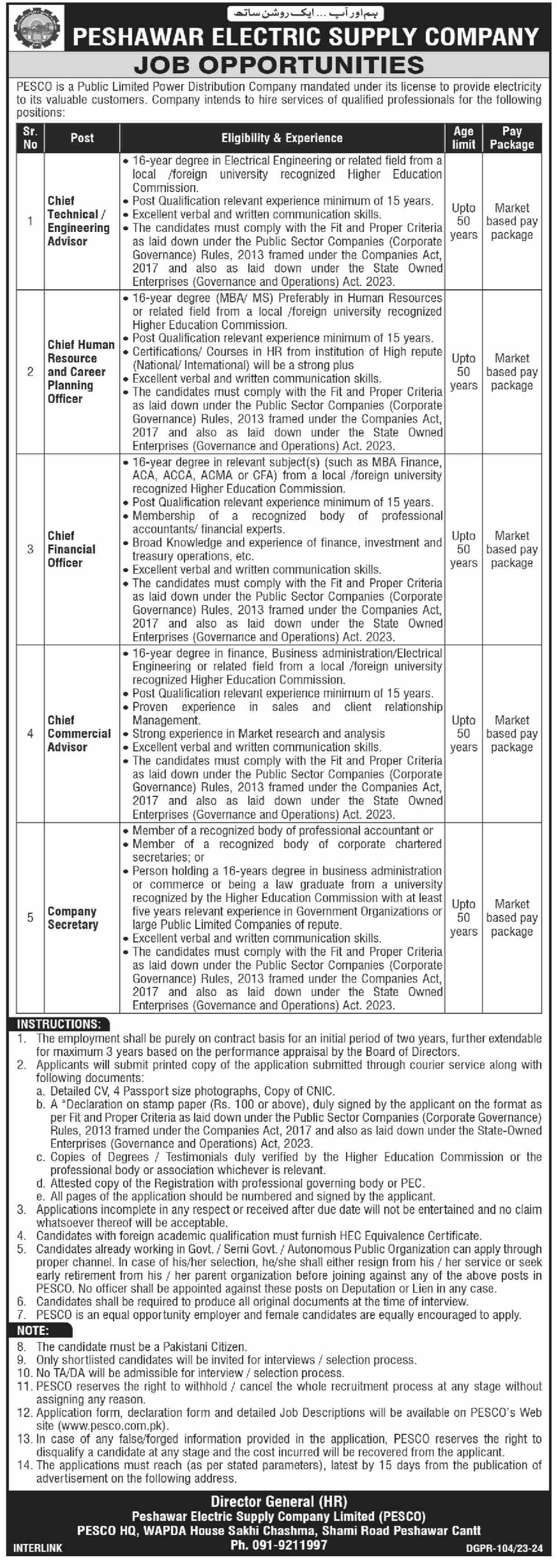 Peshawar Electric Supply Company PESCO Jobs 2024 – Peshawar Electric Supply Company - PESCO Jobs 2024 — original advertisement