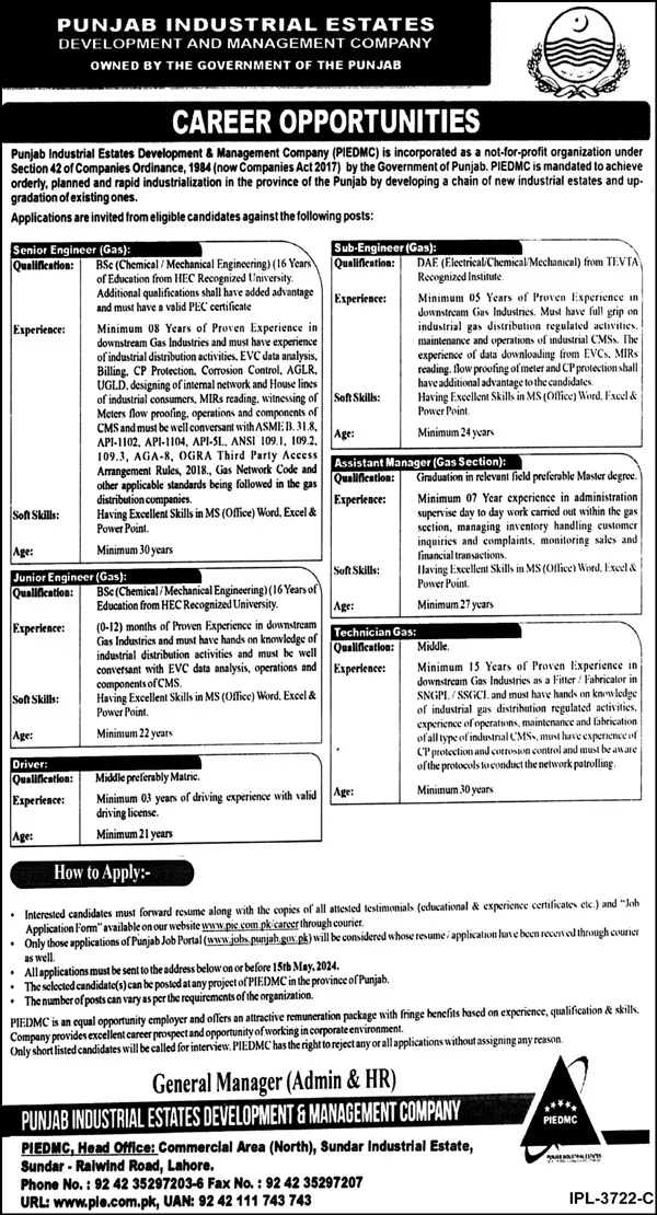 Punjab Industrial Estates PIE Lahore Jobs 2024 – Punjab Industrial Estates Development & Management Company Jobs 2024 — original advertisement