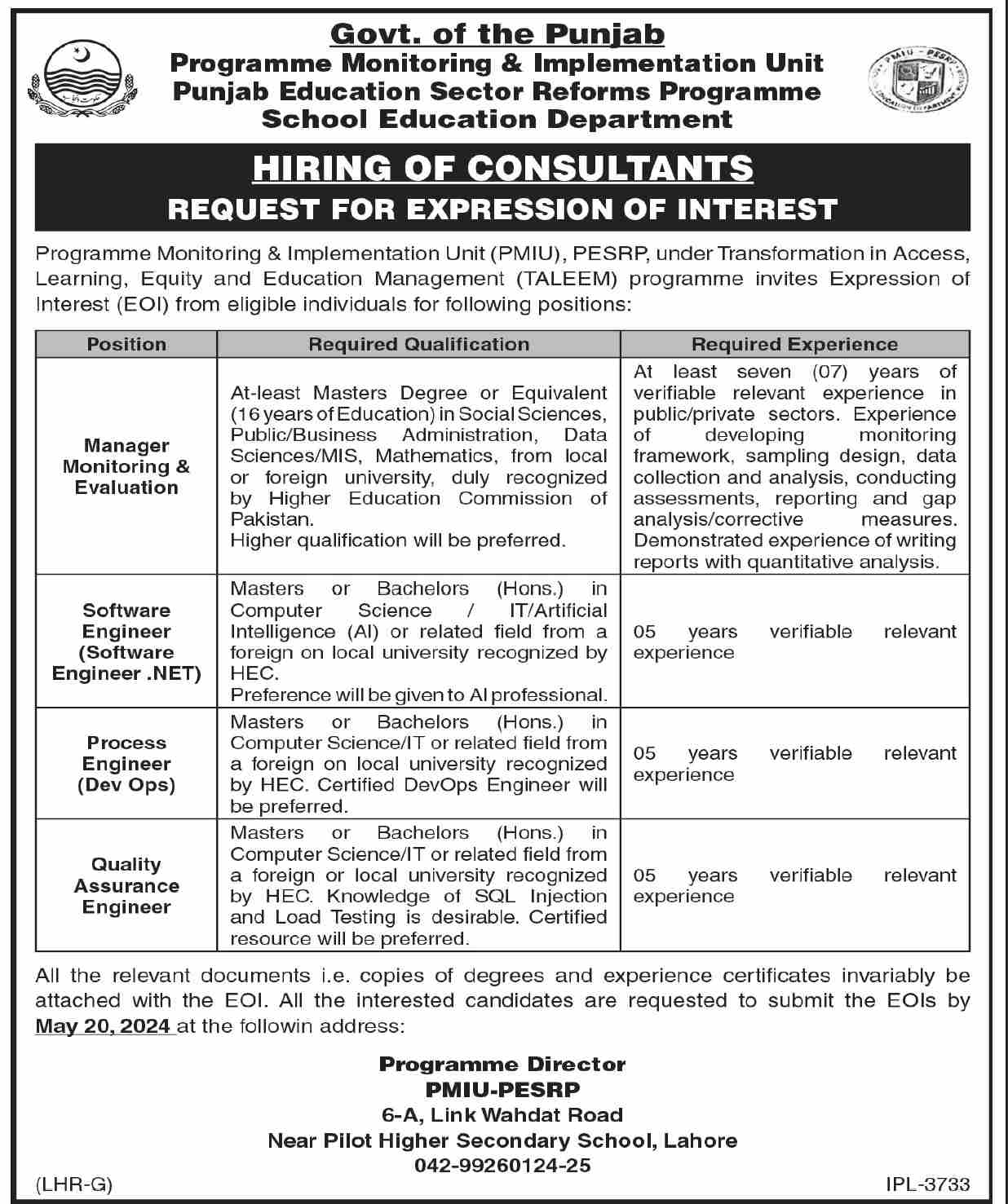 Punjab Education Sector Reform Program PESRP Lahore Jobs – School Education Department Punjab Jobs 2024 — original advertisement