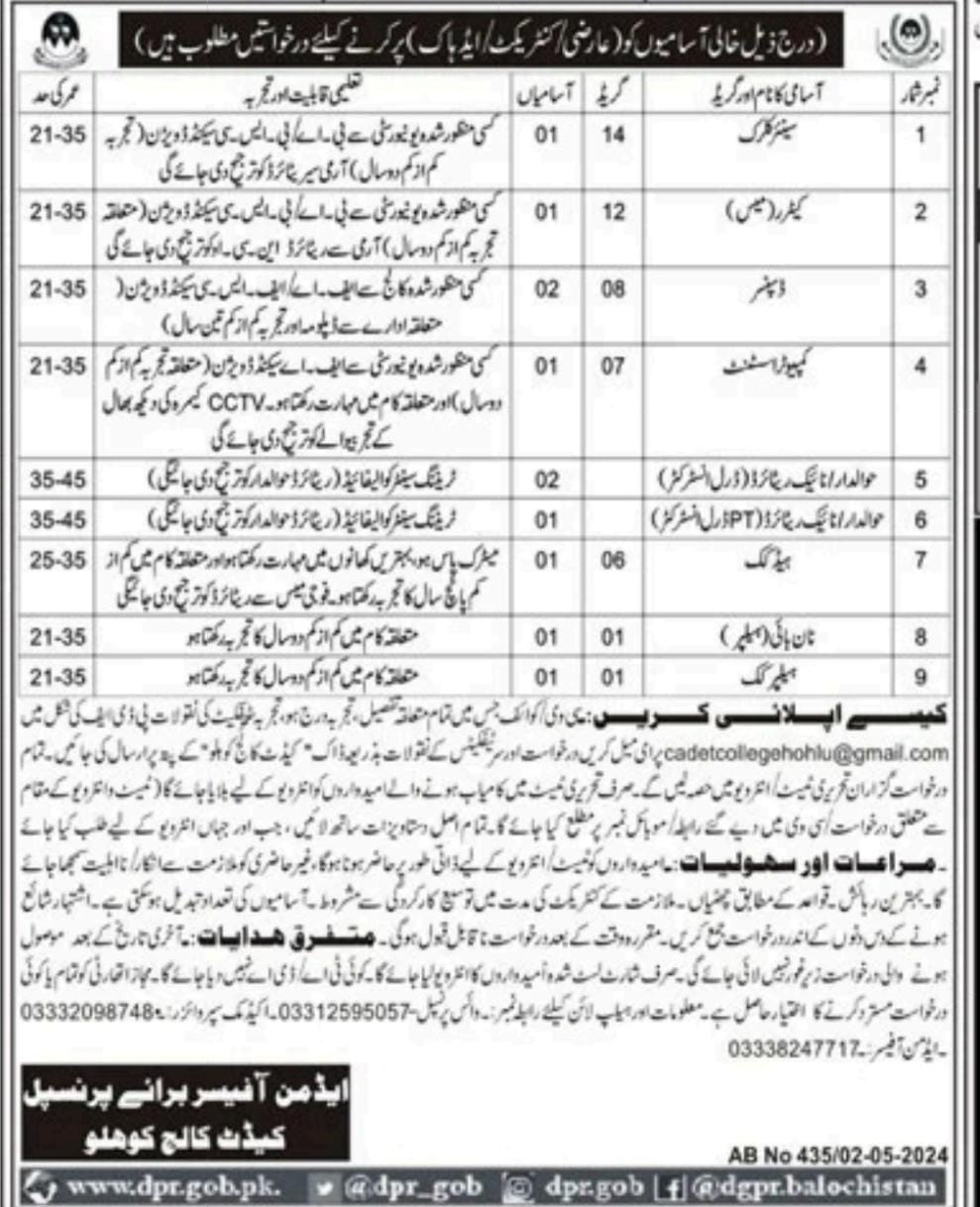 Cadet College kohlu Balochistan Jobs 2024 Jobs 2024 — original advertisement