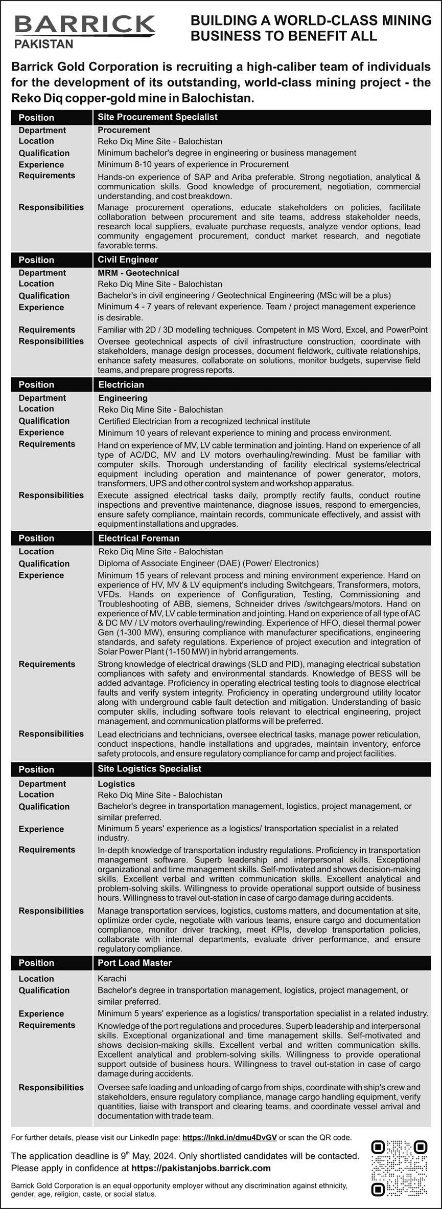 Reqo Dik Goldmine Balochistan Jobs 2024 – Barrick Pakistan Jobs 2024 — original advertisement