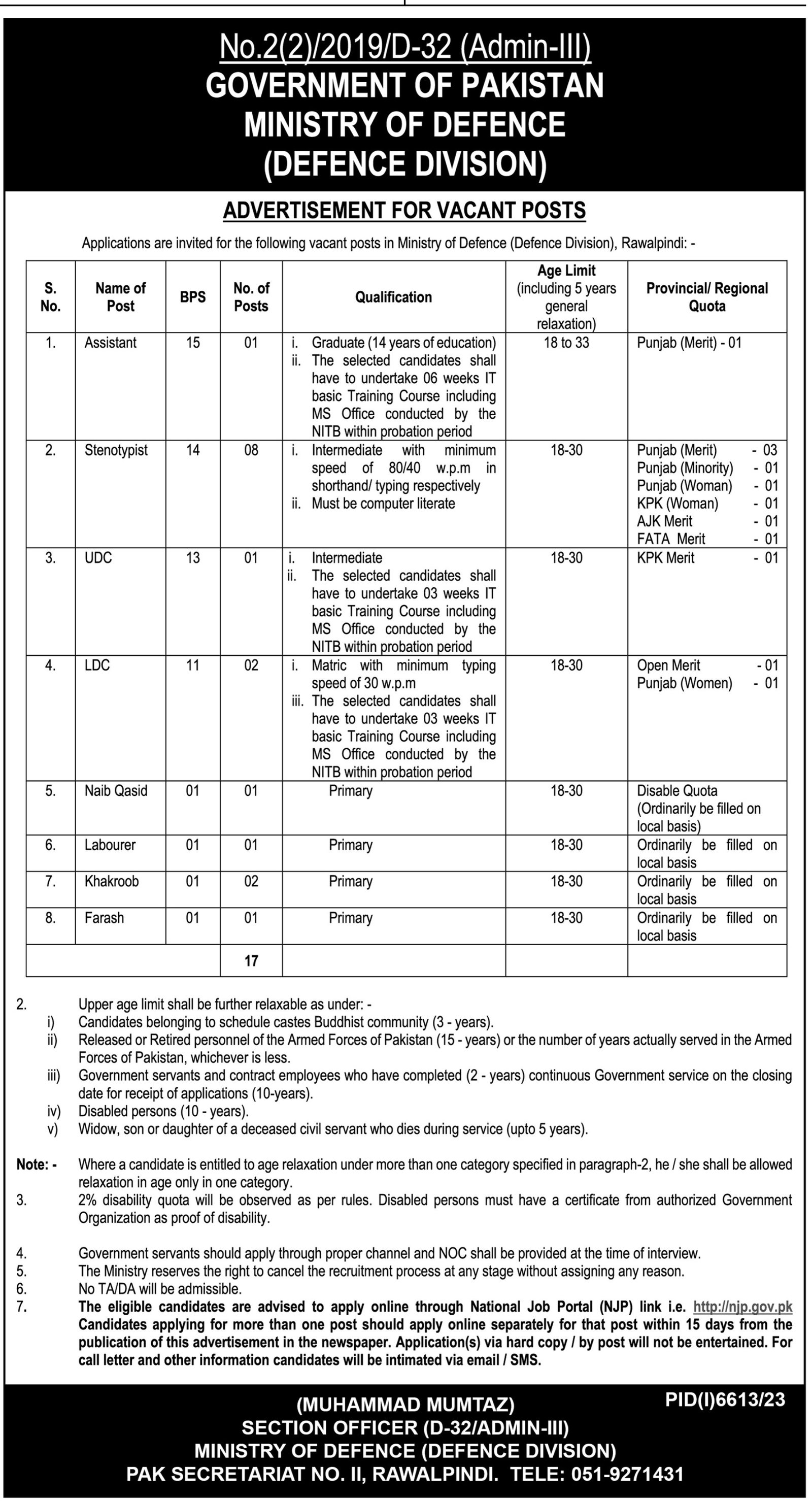 Ministry of Defence Rawalpindi Jobs 2024 – Ministry of Defence Pakistan Jobs 2024 — original advertisement