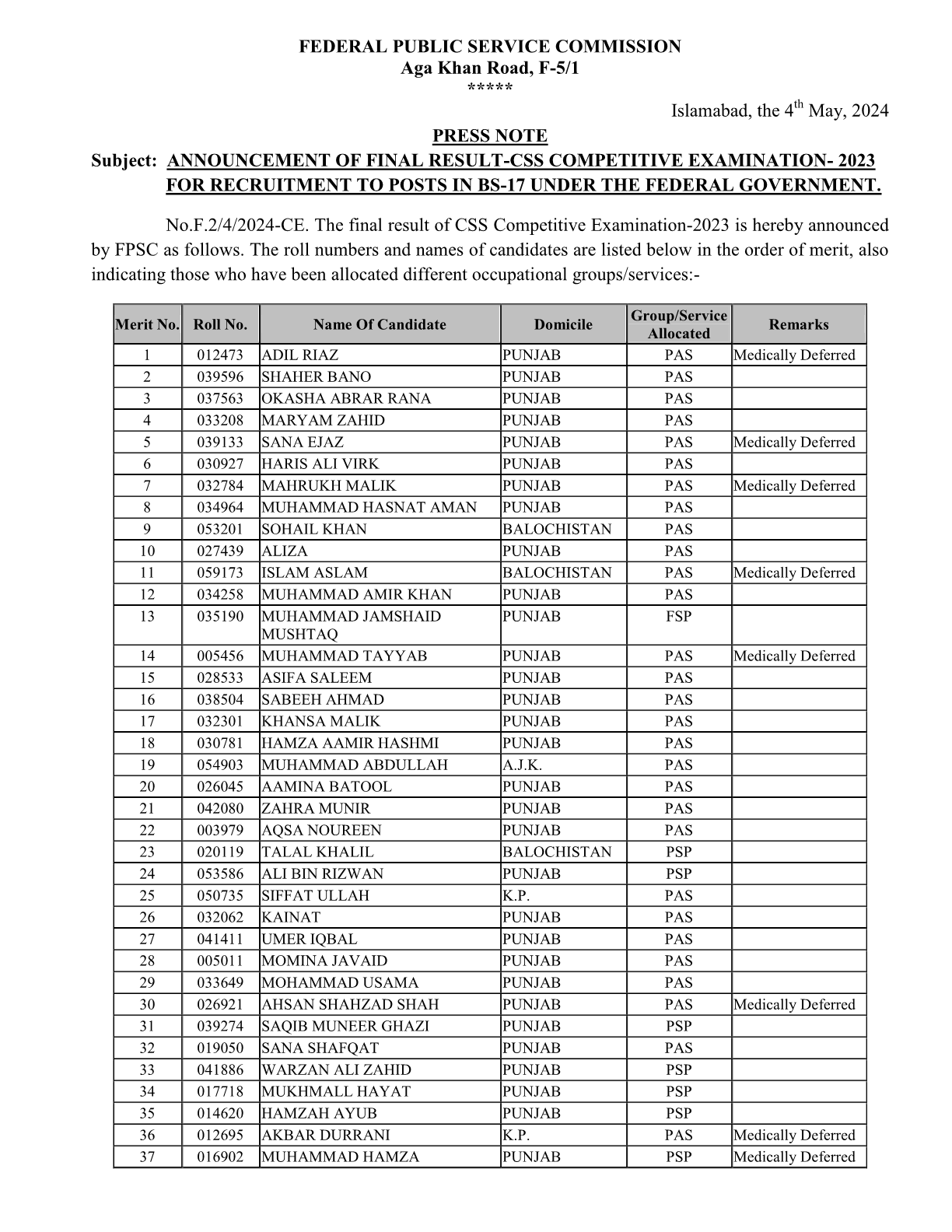 CSS Result 2023 – Federal Public Service Commission Jobs 2024 — original advertisement