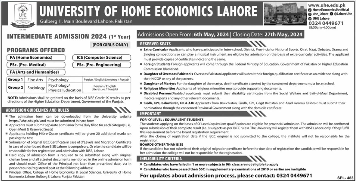 Admission Open in University of Home Economics Lahore 2024 Admissions 2024 — original advertisement