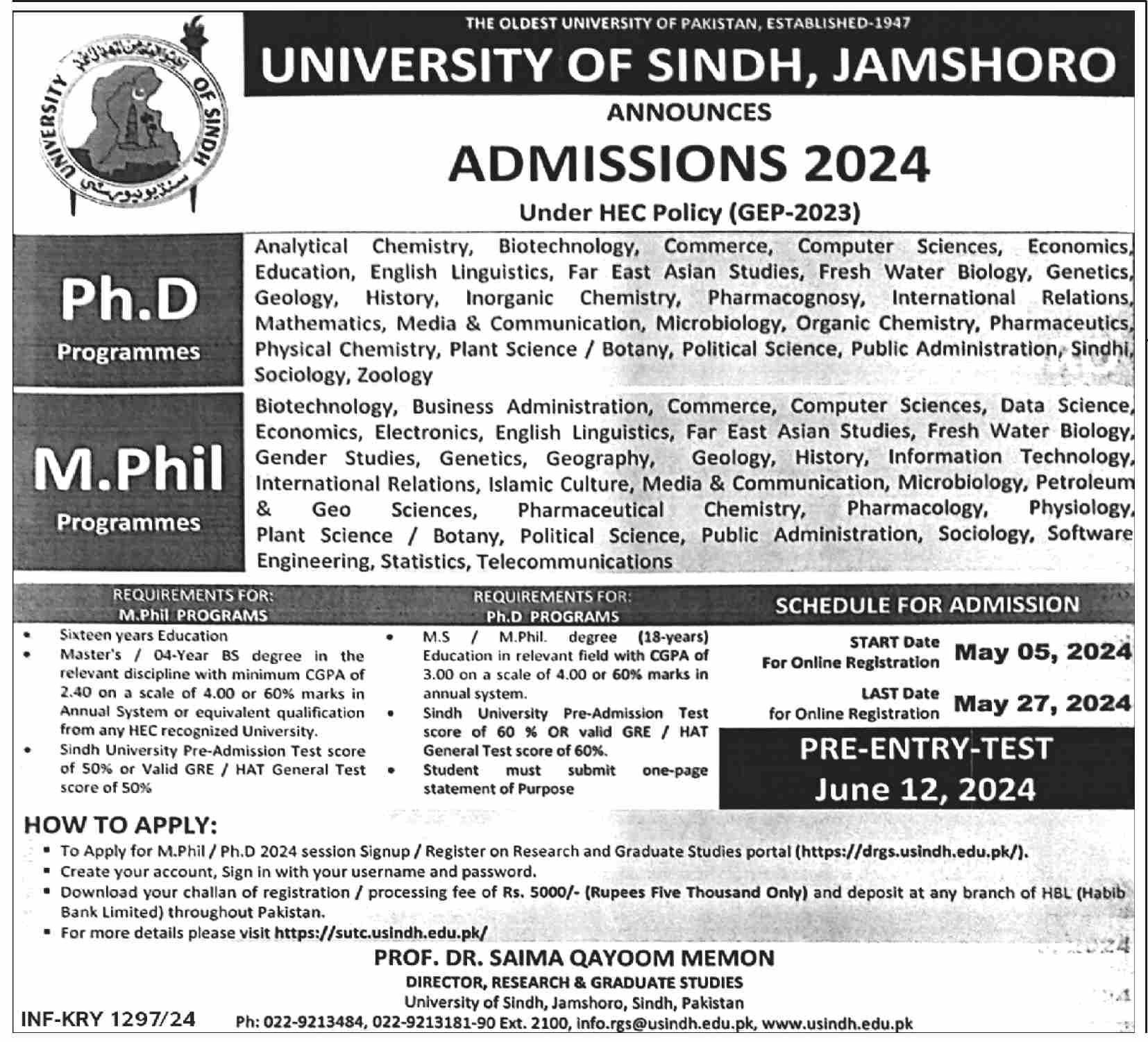 Admission Open in University of Sindh Jamshoro 2024 Admissions 2024 — original advertisement