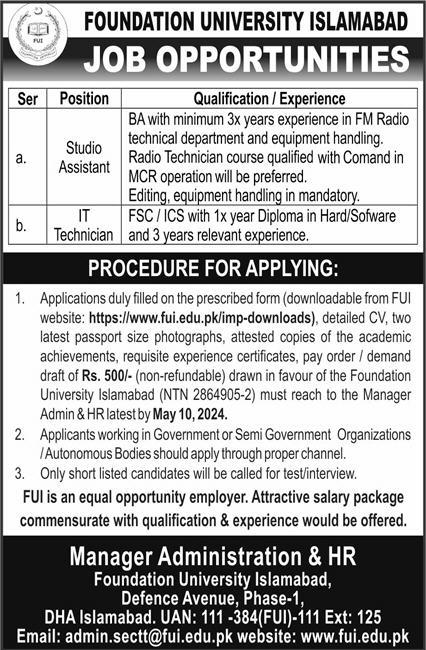 Foundation Univerisity Islamabad Jobs 2024 – Foundation University islamabad Jobs 2024 — original advertisement