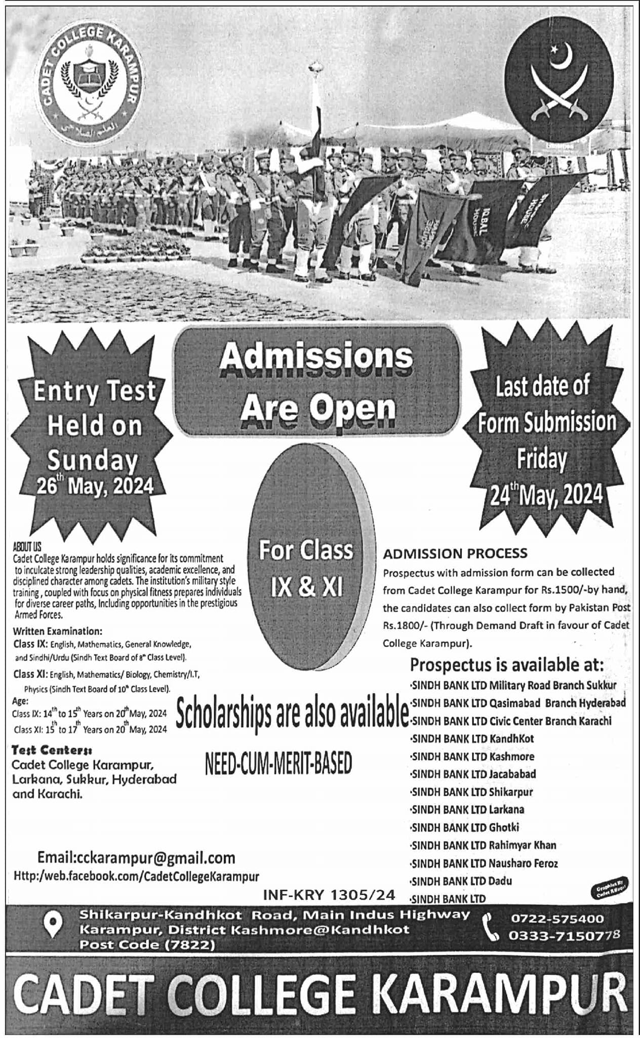 Admissions open in Cadet College Karampur 2024 – Cadet College Karampur Kashmore Sind Admissions 2024 — original advertisement