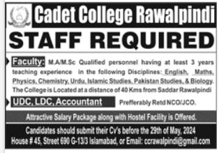 Cadet College Rawalpindi Jobs 2024 Jobs 2024 — original advertisement