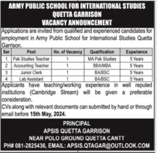 Army Public School Quetta Cantt Jobs 2024 – Army Public School & College Paksitan Jobs 2024 — original advertisement