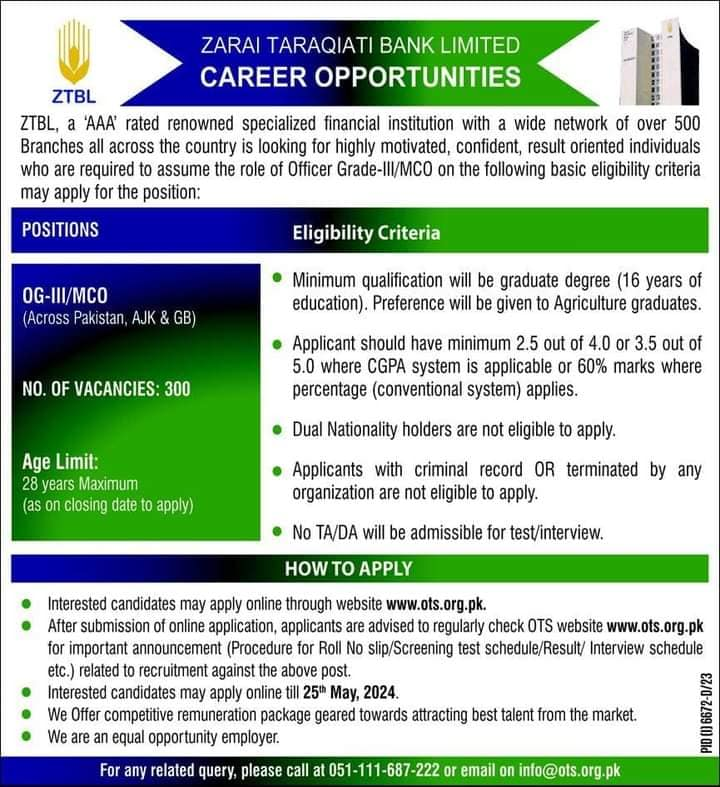 Zarai Taraqiati Bank Limited ZTBL Islamabad Jobs 2024 Jobs 2024 — original advertisement